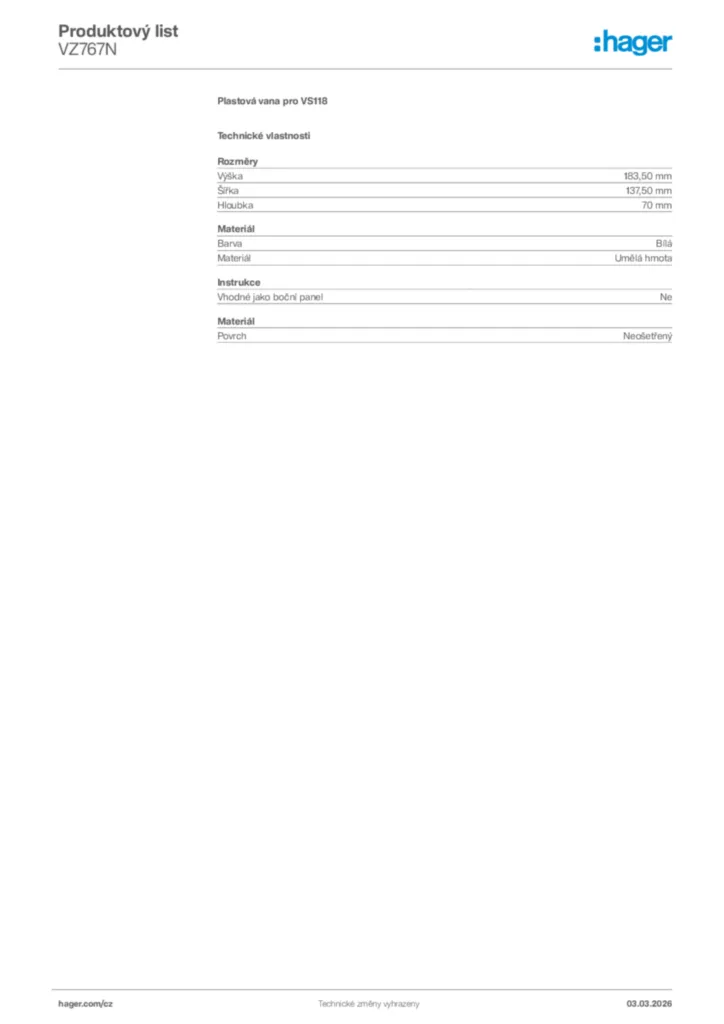 Obrázek Hager Product data sheet VZ767N | Hager