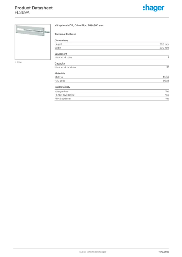 Image Hager Product data sheet FL369A  | Hager Africa