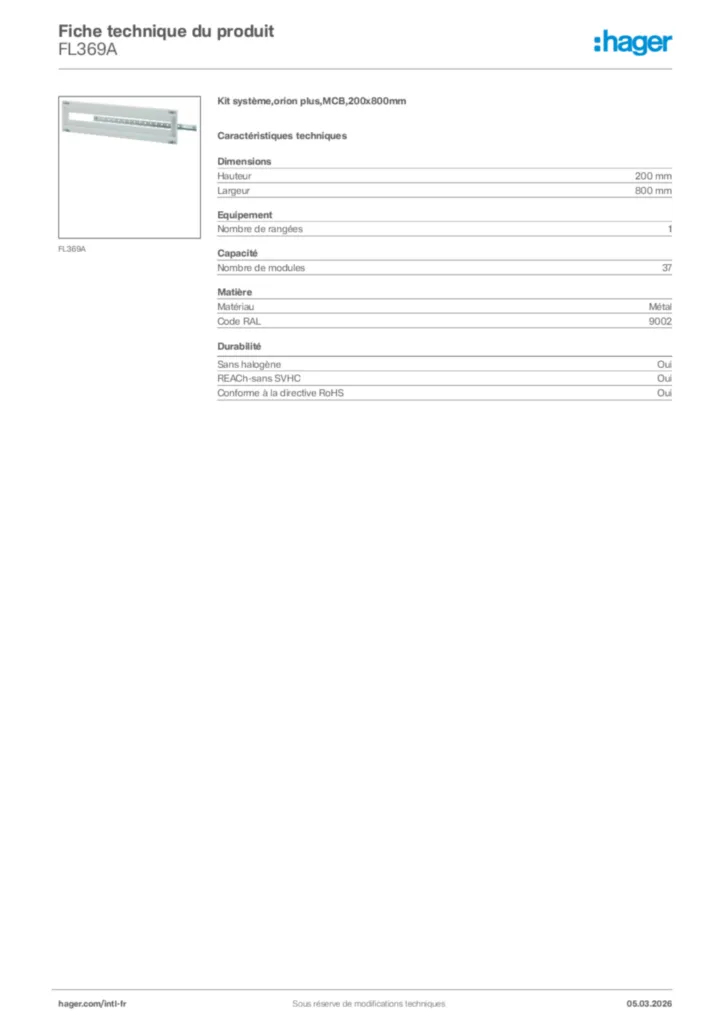 Image Hager Fiche technique du produit FL369A | Hager Afrique