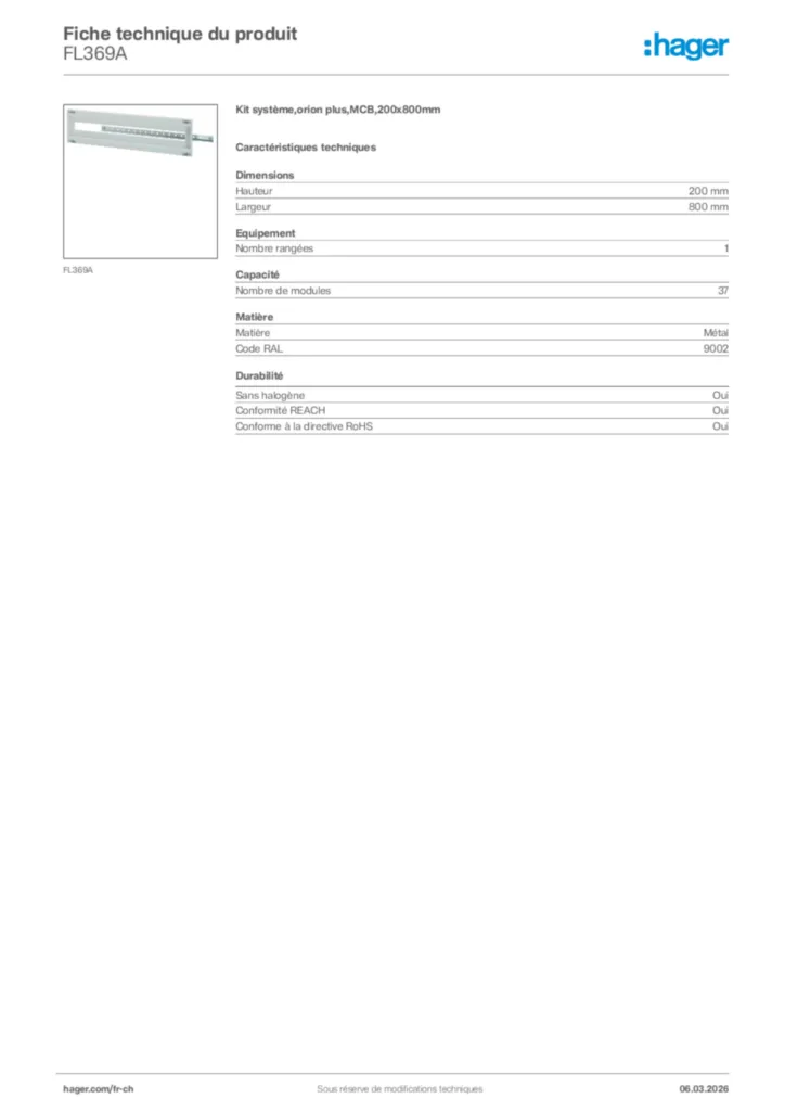 Image Hager Fiche technique du produit FL369A | Hager Suisse