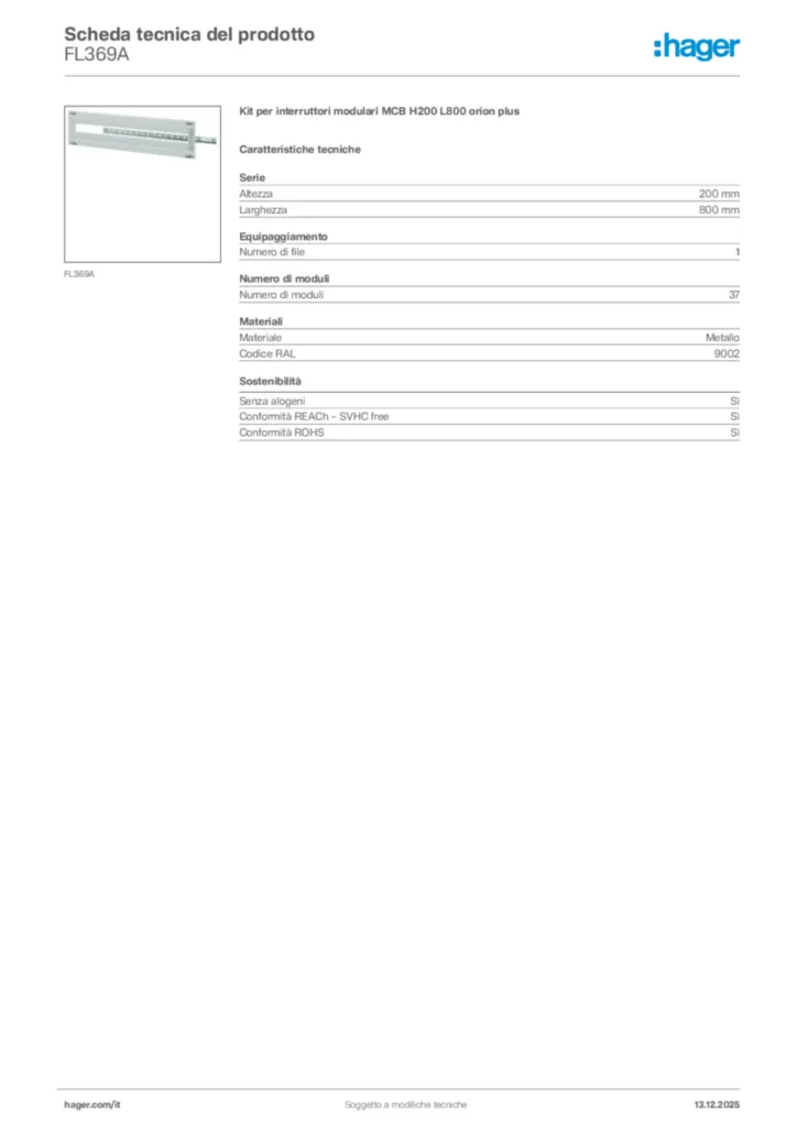 Immagine Hager Scheda tecnica del prodotto FL369A | Hager Italia