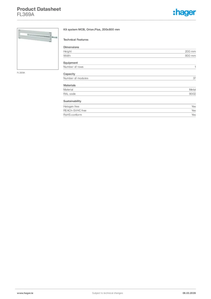 Image Hager Product data sheet FL369A  | Hager