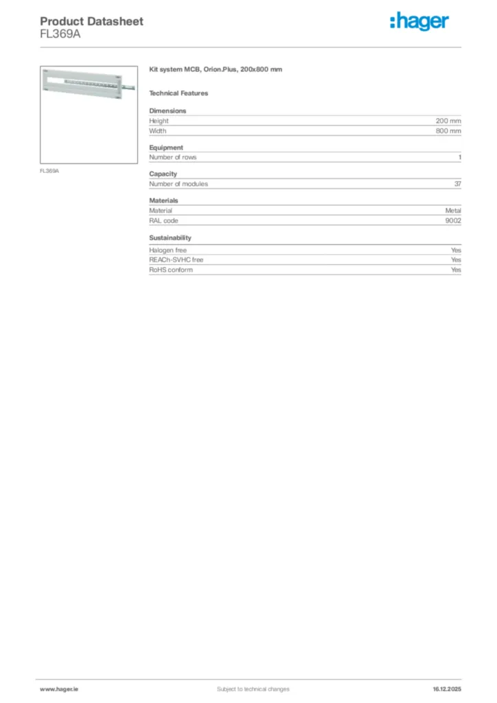 Image Hager Product data sheet FL369A  | Hager