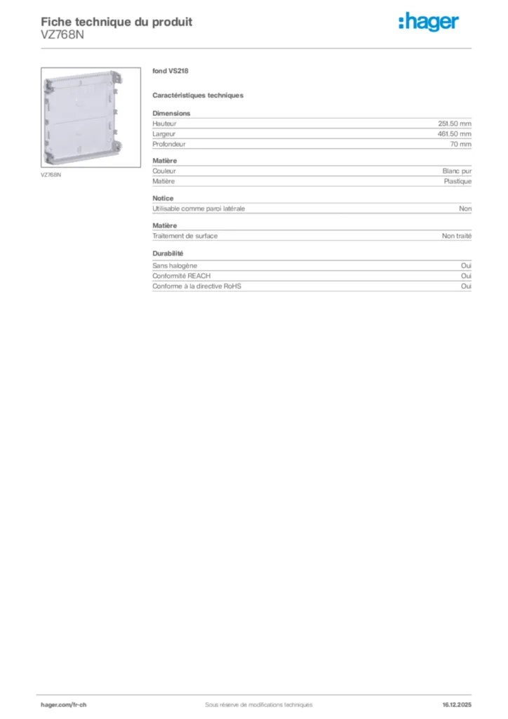Image Hager Fiche technique du produit VZ768N | Hager Suisse