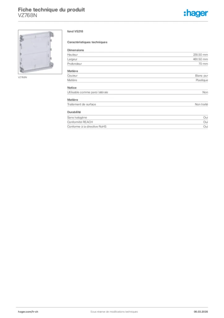 Image Hager Fiche technique du produit VZ768N | Hager Suisse