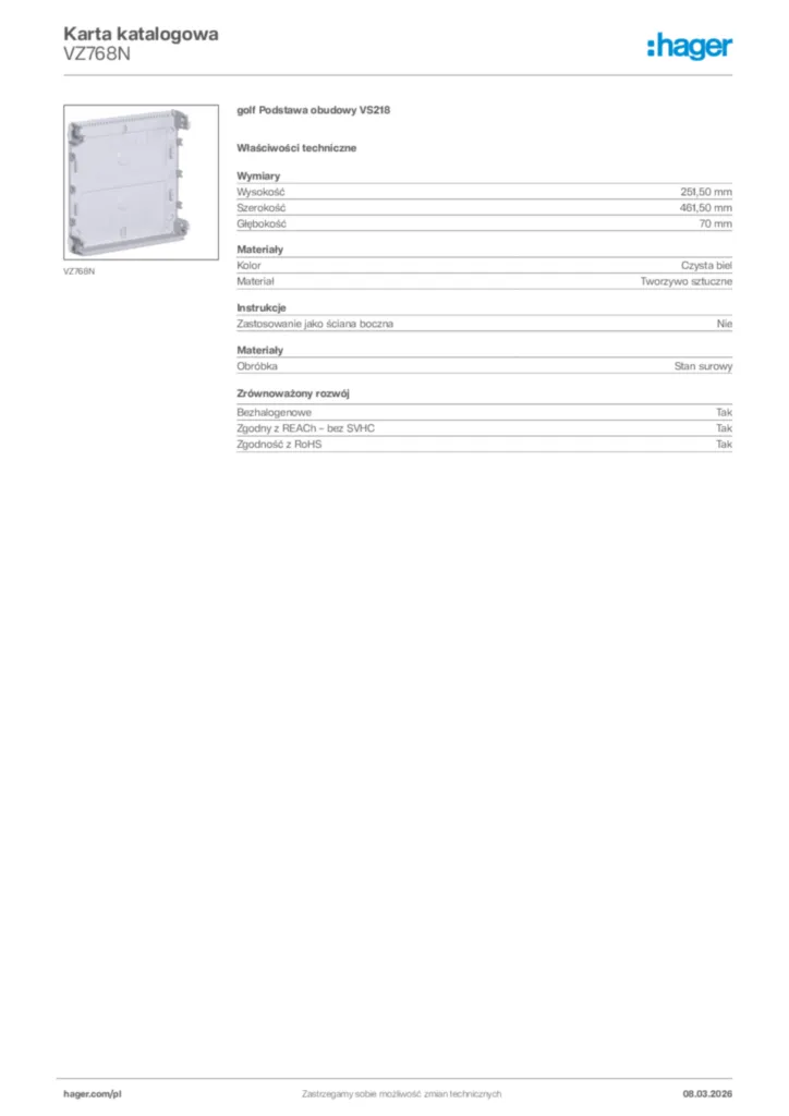 Zdjęcie Hager Karta katalogowa VZ768N | Hager Polska