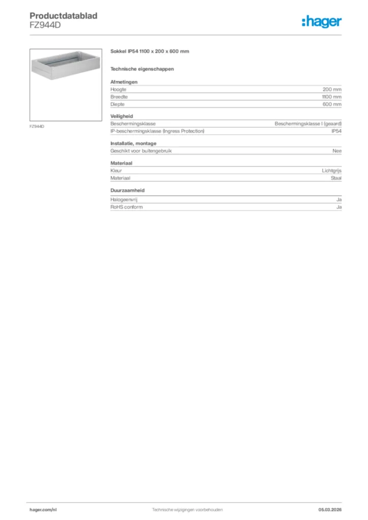 Afbeelding Hager Productdatablad FZ944D | Hager Nederland