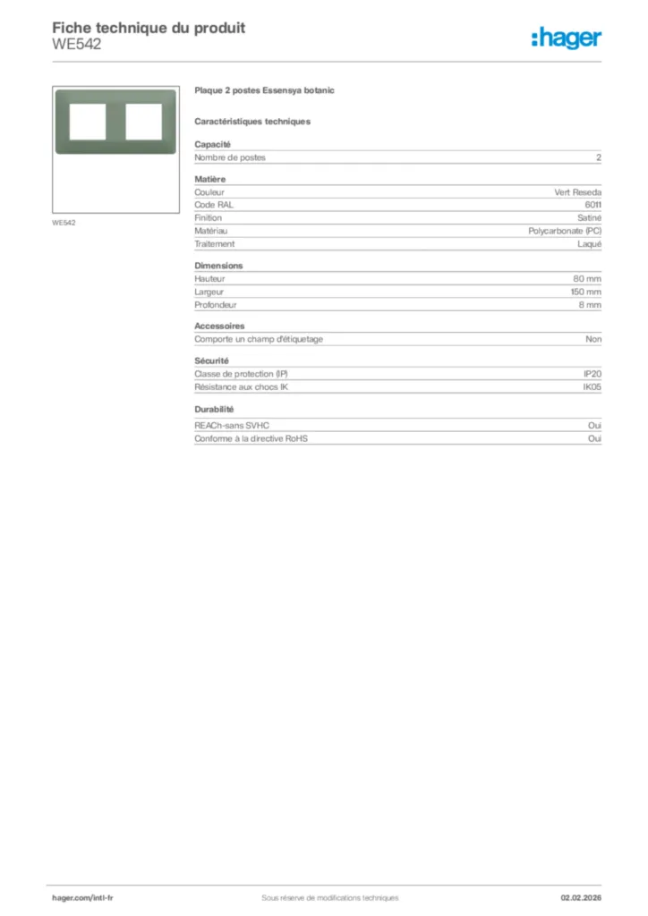 Image Hager Fiche technique du produit WE542 | Hager Afrique