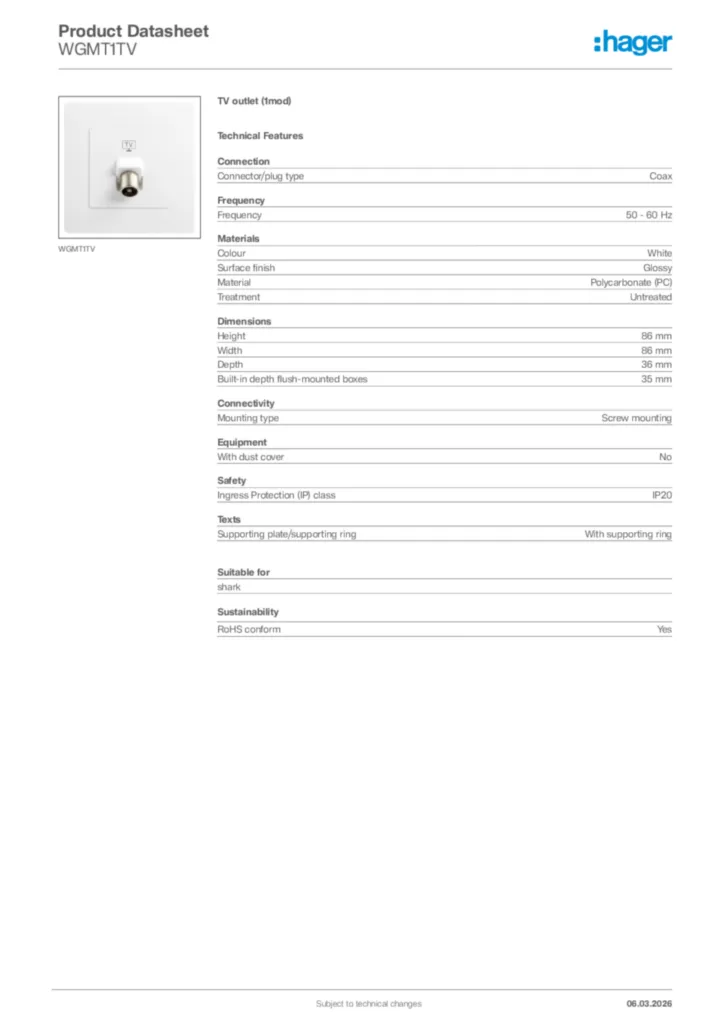 Image Hager Product data sheet WGMT1TV  | Hager Africa