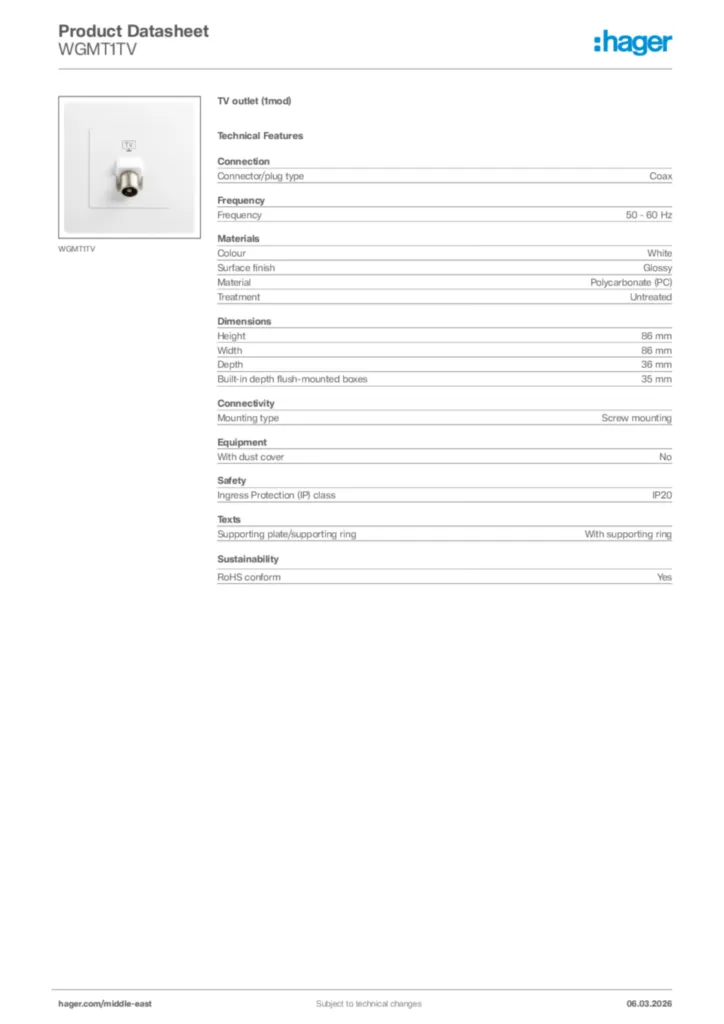 Image Hager Product data sheet WGMT1TV  | Hager
