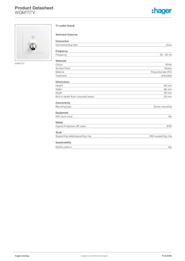 Image Hager Product data sheet WGMT1TV  | Hager