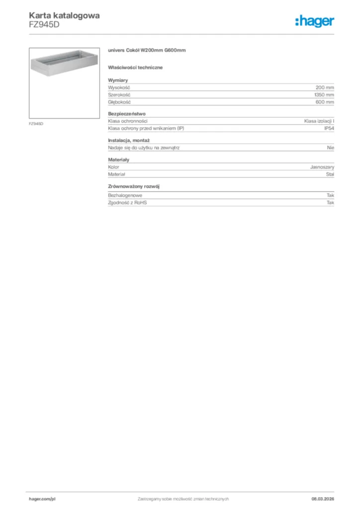 Zdjęcie Hager Karta katalogowa FZ945D | Hager Polska