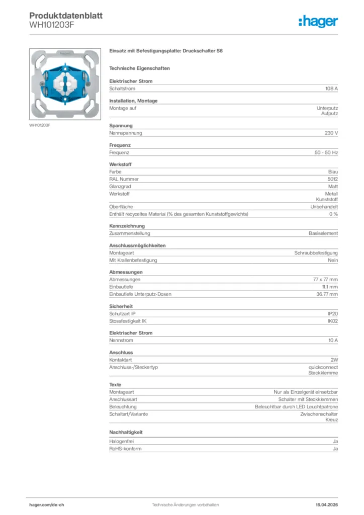 Bild Hager Produktdatenblatt WH101203F | Hager Schweiz