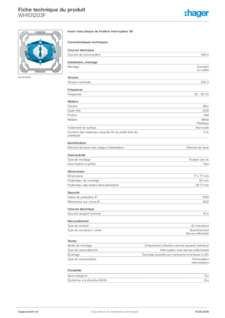 Image Hager Fiche technique du produit WH101203F | Hager Suisse