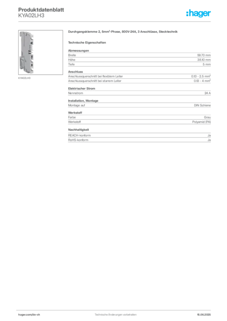 Bild Hager Produktdatenblatt KYA02LH3 | Hager Schweiz