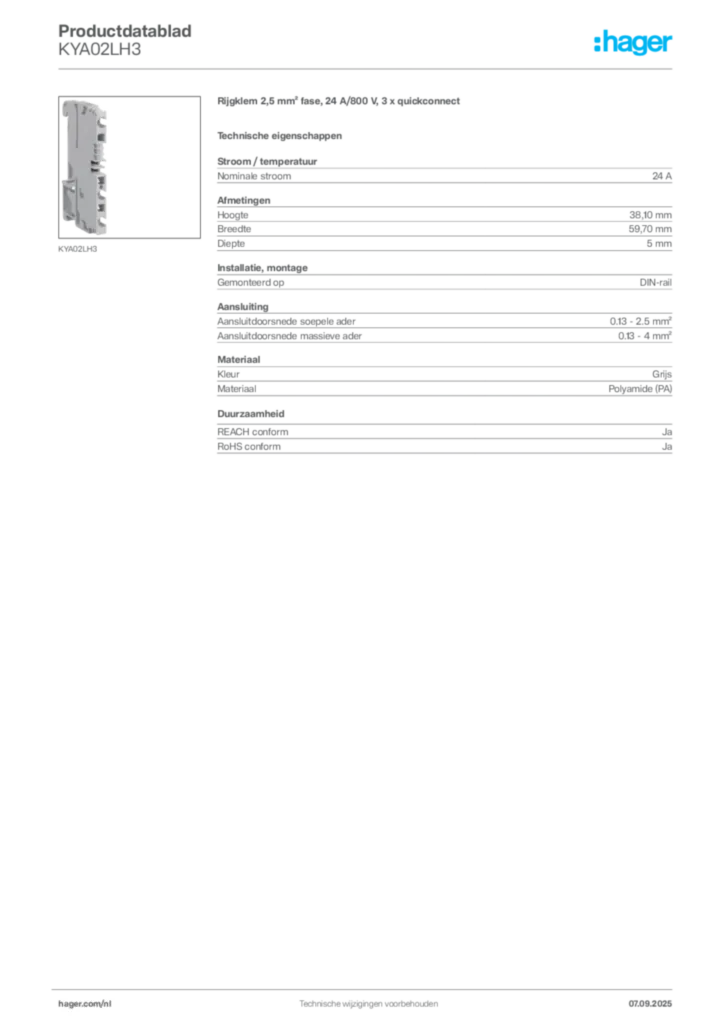 Afbeelding Hager Productdatablad KYA02LH3 | Hager Nederland