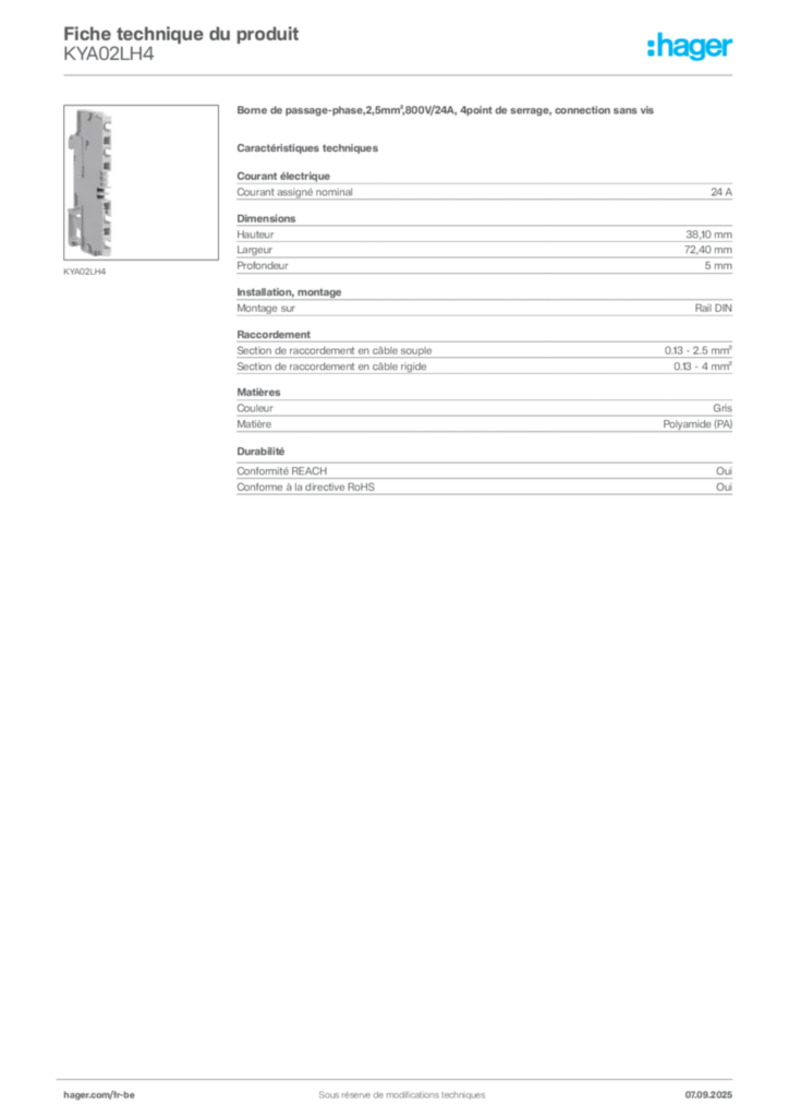 Image Hager Fiche technique du produit KYA02LH4 | Hager Belgique