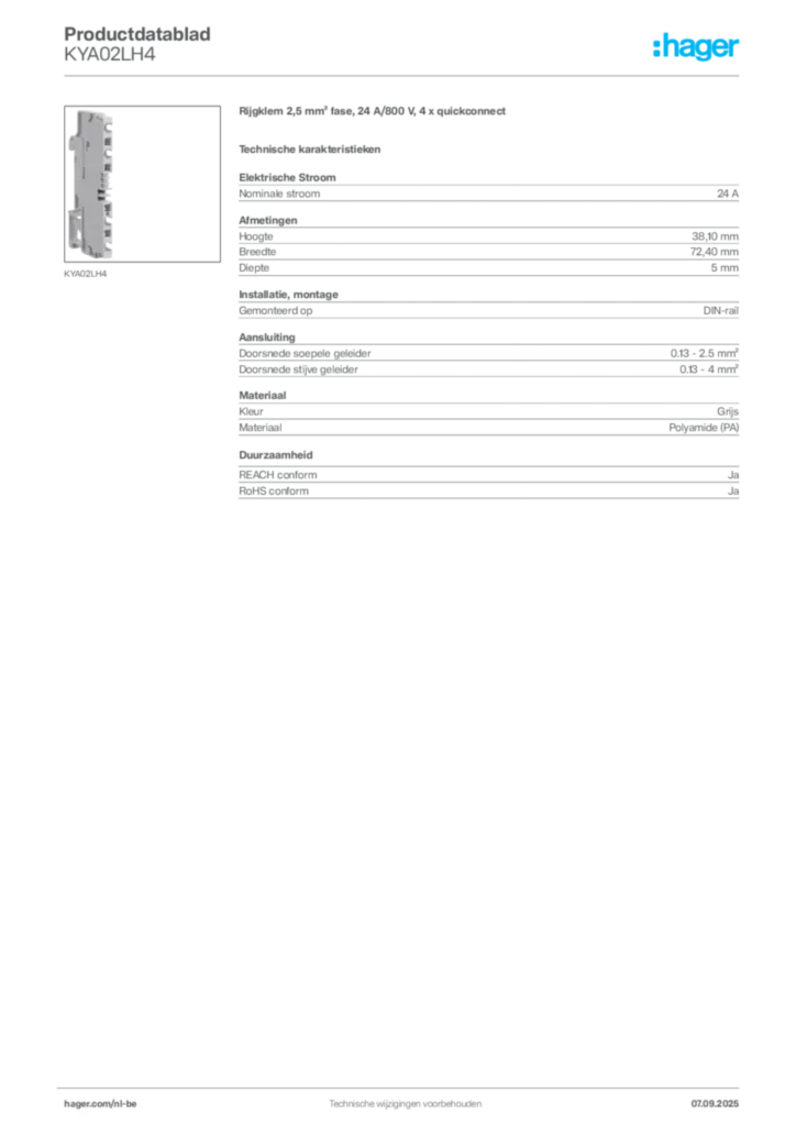 Afbeelding Hager Productdatablad KYA02LH4 | Hager Belgium