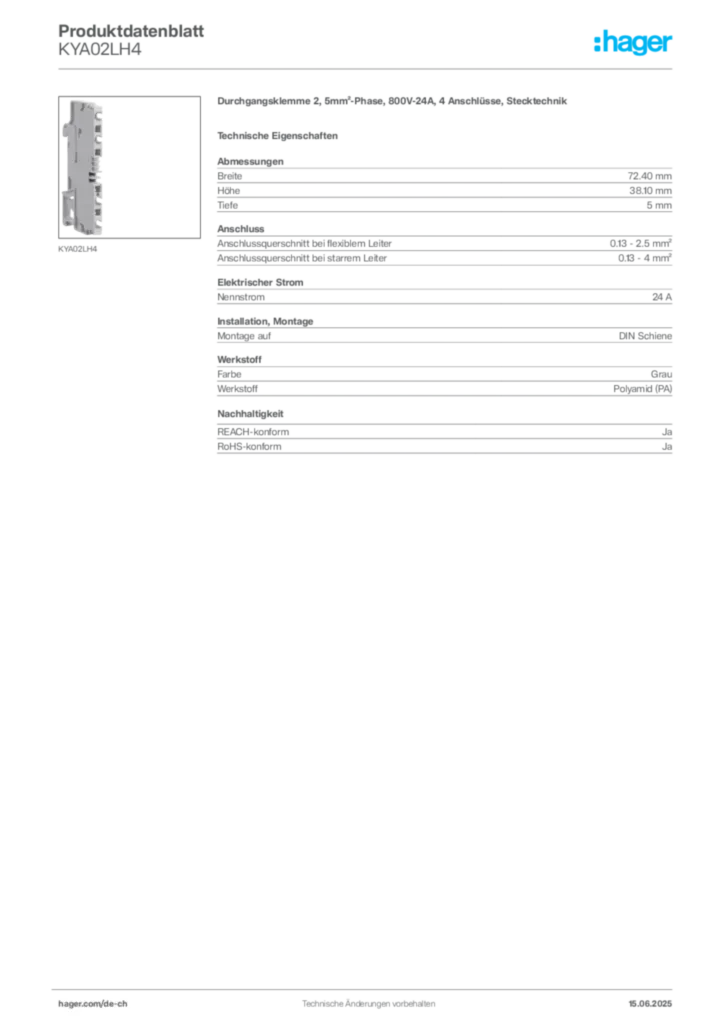 Bild Hager Produktdatenblatt KYA02LH4 | Hager Schweiz