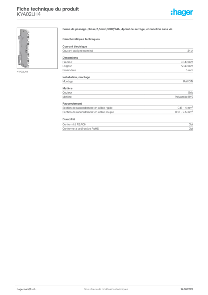 Image Hager Fiche technique du produit KYA02LH4 | Hager Suisse
