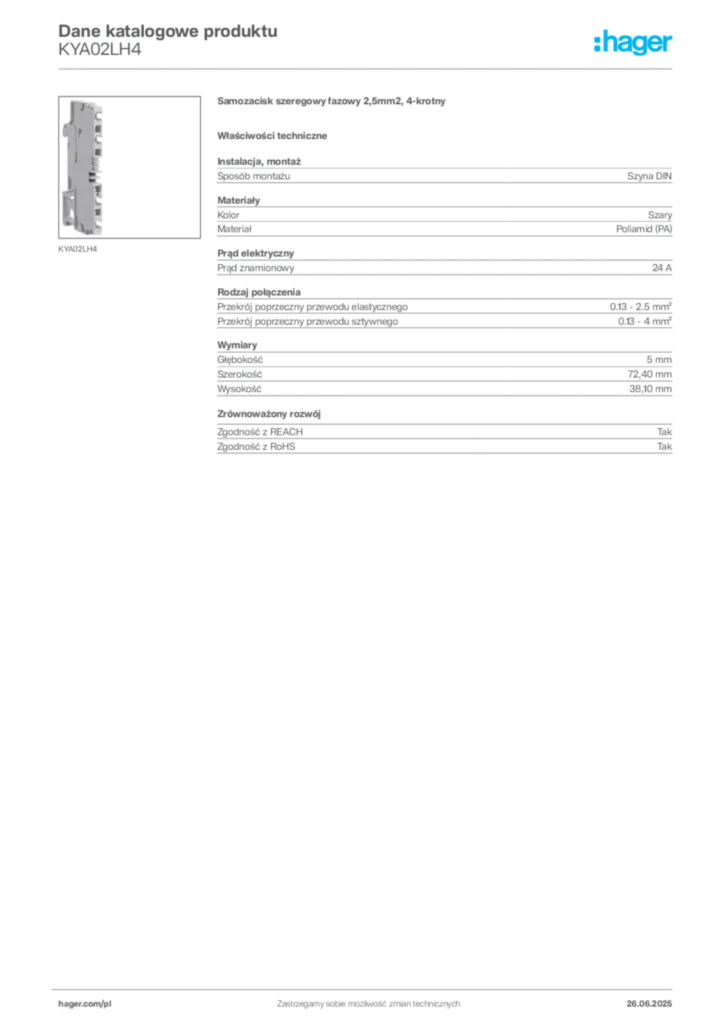 Zdjęcie Hager Karta katalogowa KYA02LH4 | Hager Polska