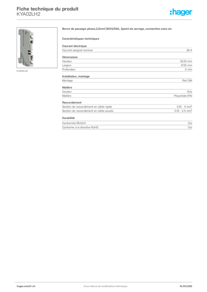 Image Hager Fiche technique du produit KYA02LH2 | Hager Suisse