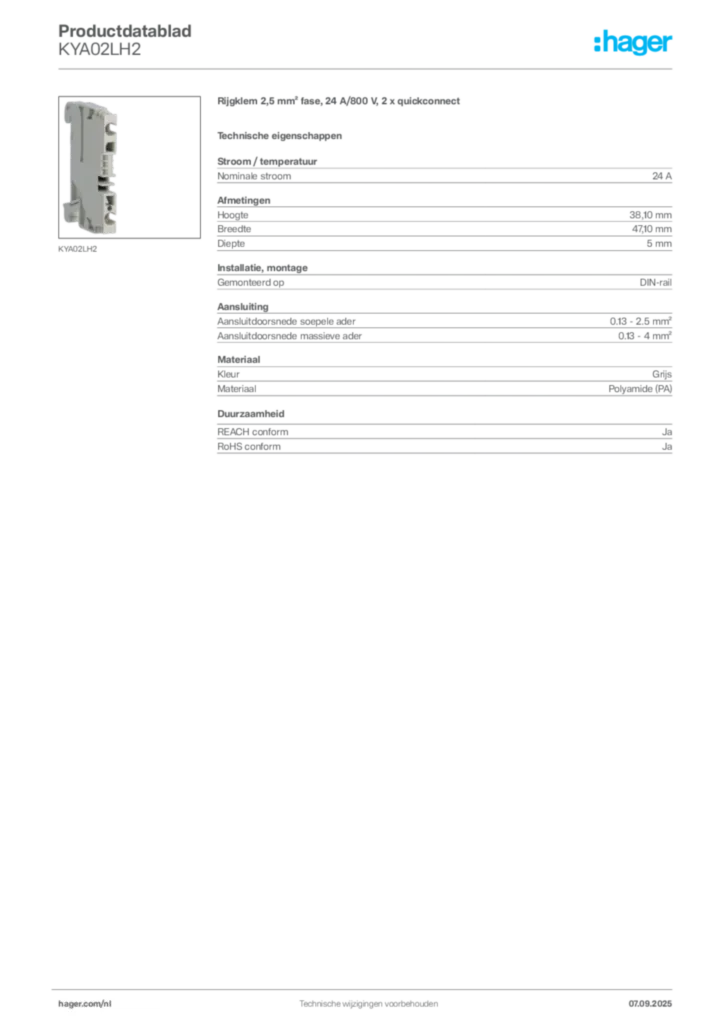 Afbeelding Hager Productdatablad KYA02LH2 | Hager Nederland