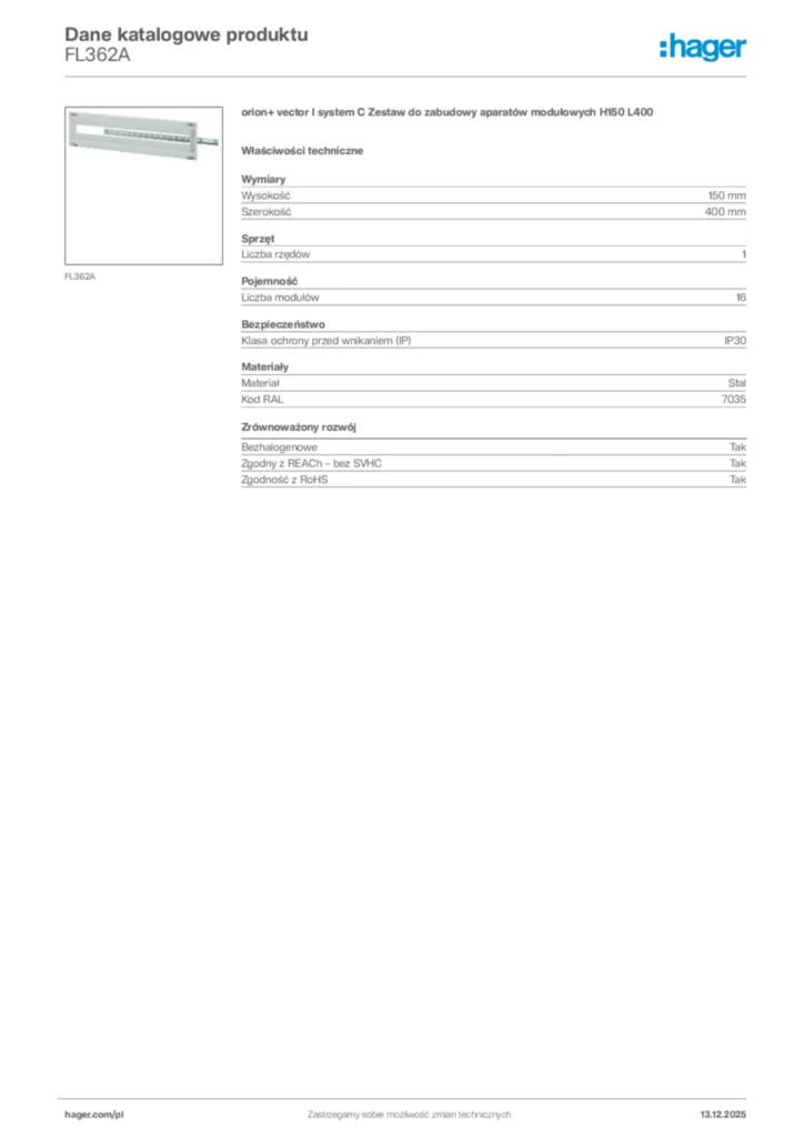Zdjęcie Hager Karta katalogowa FL362A | Hager Polska