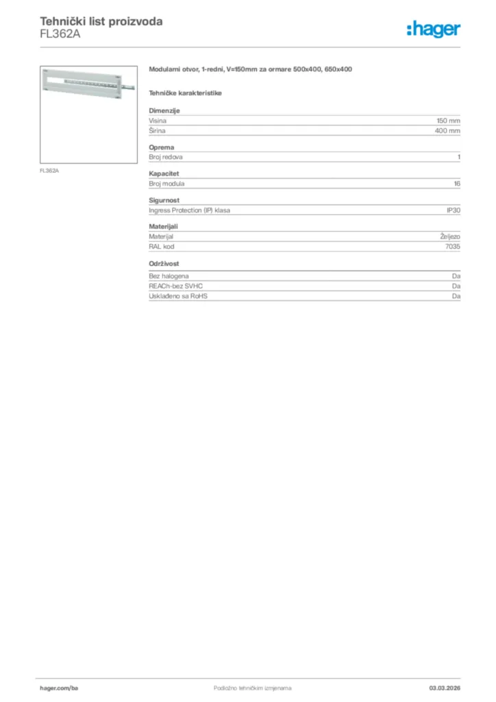Slika Hager Tehnički list proizvoda FL362A  | Hager