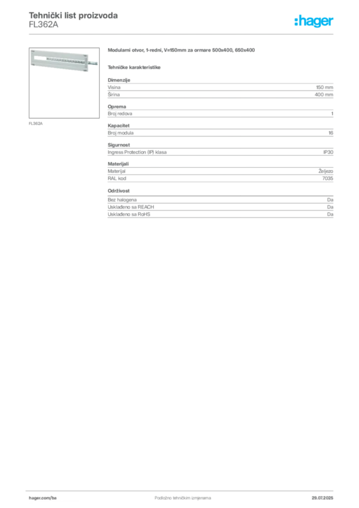 Slika Hager Product data sheet FL362A  | Hager
