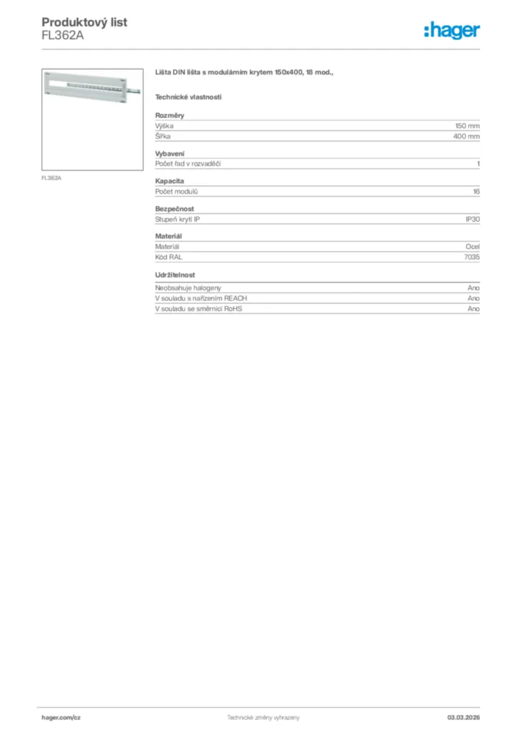 Obrázek Hager Product data sheet FL362A | Hager