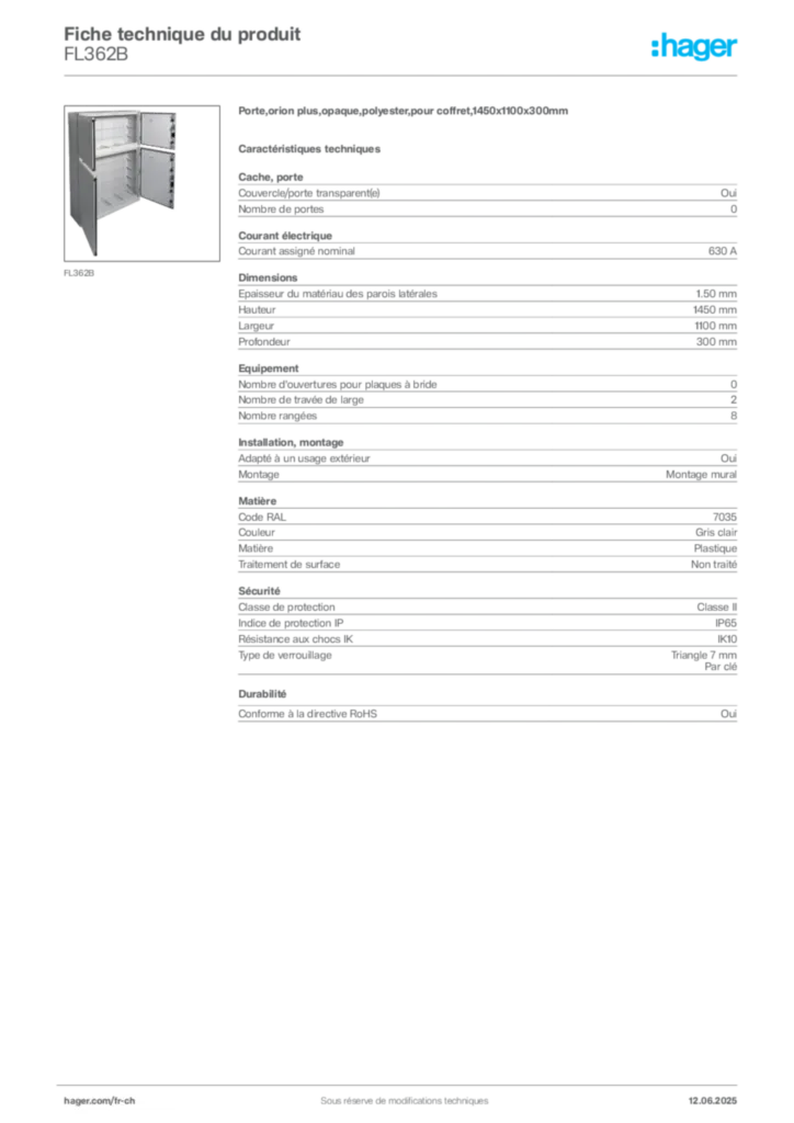 Image Hager Fiche technique du produit FL362B | Hager Suisse
