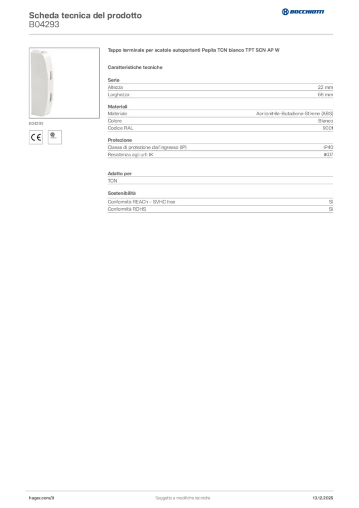 Immagine Bocchiotti Scheda tecnica del prodotto B04293 | Hager Italia