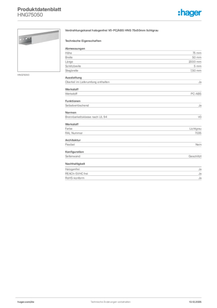 Bild Hager Produktdatenblatt HNG75050 | Hager Deutschland