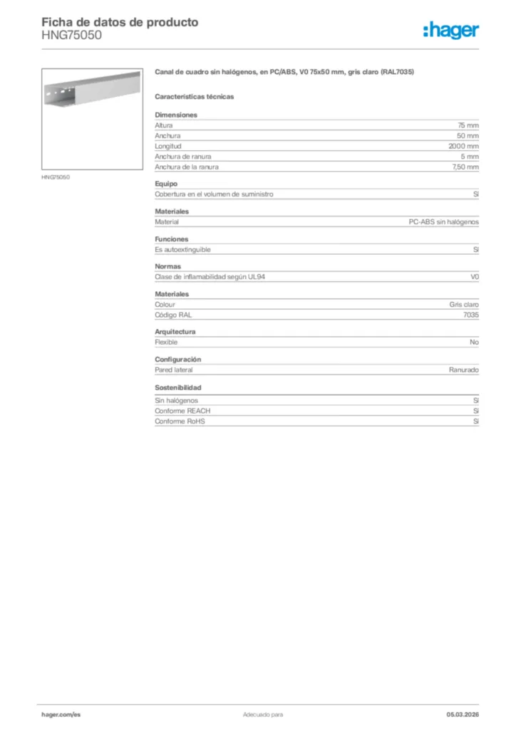 Imagen Hager Ficha de datos de producto HNG75050 | Hager España