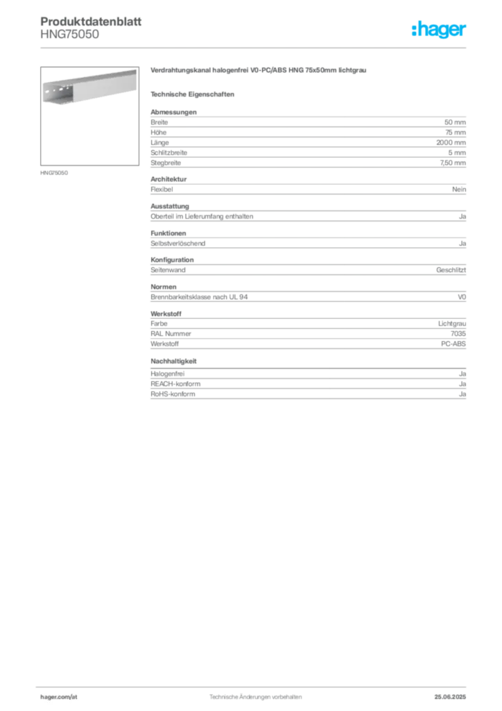 Bild Hager Produktdatenblatt HNG75050 | Hager Deutschland
