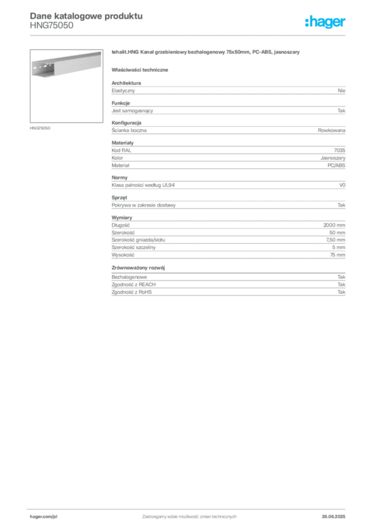Zdjęcie Hager Karta katalogowa HNG75050 | Hager Polska