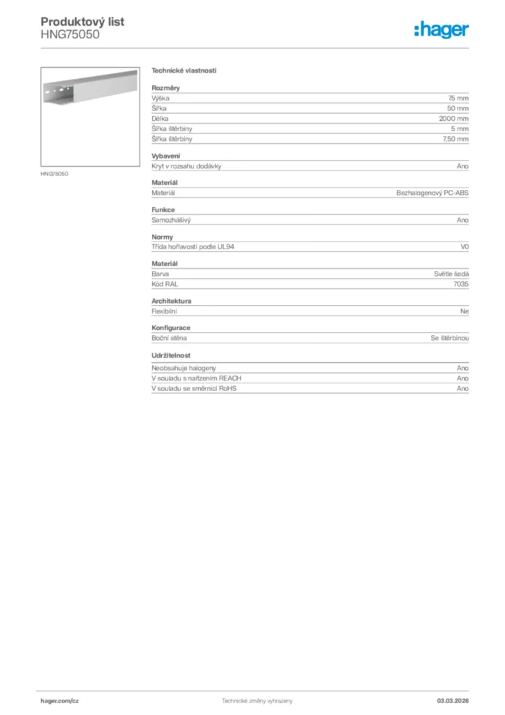 Obrázek Hager Product data sheet HNG75050 | Hager