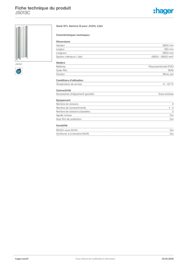 Image Hager Fiche technique du produit JS013C | Hager France