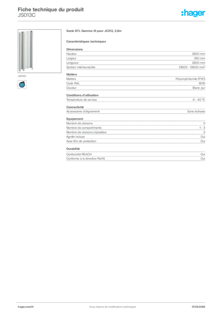 Image Hager Fiche technique du produit JS013C | Hager France