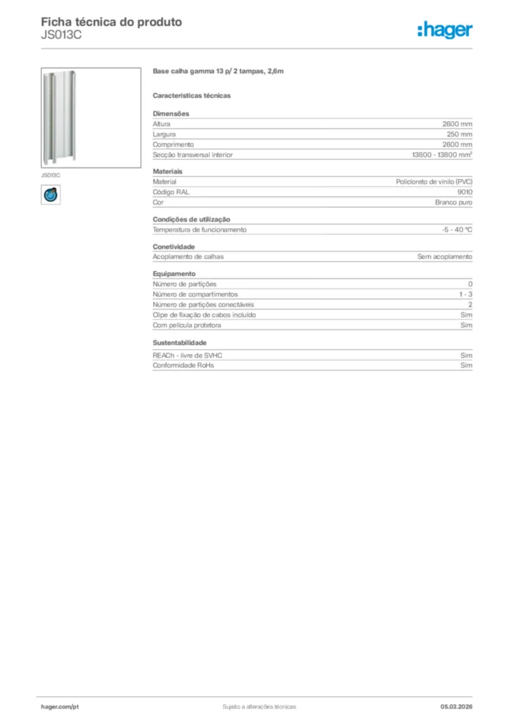 Imagem Hager Ficha técnica do produto JS013C | Hager Portugal