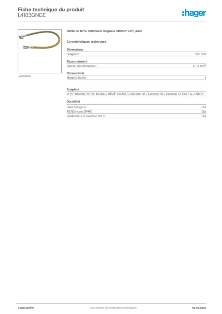 Image Hager Fiche technique du produit L4183GNGE | Hager France