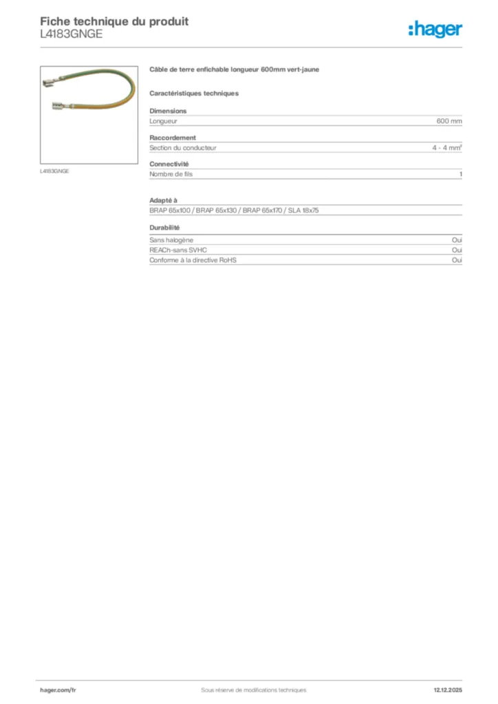Image Hager Fiche technique du produit L4183GNGE | Hager France