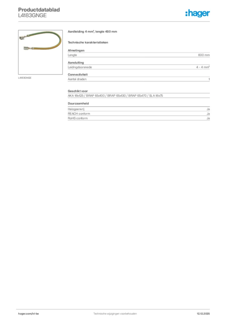 Afbeelding Hager Productdatablad L4183GNGE | Hager Belgium