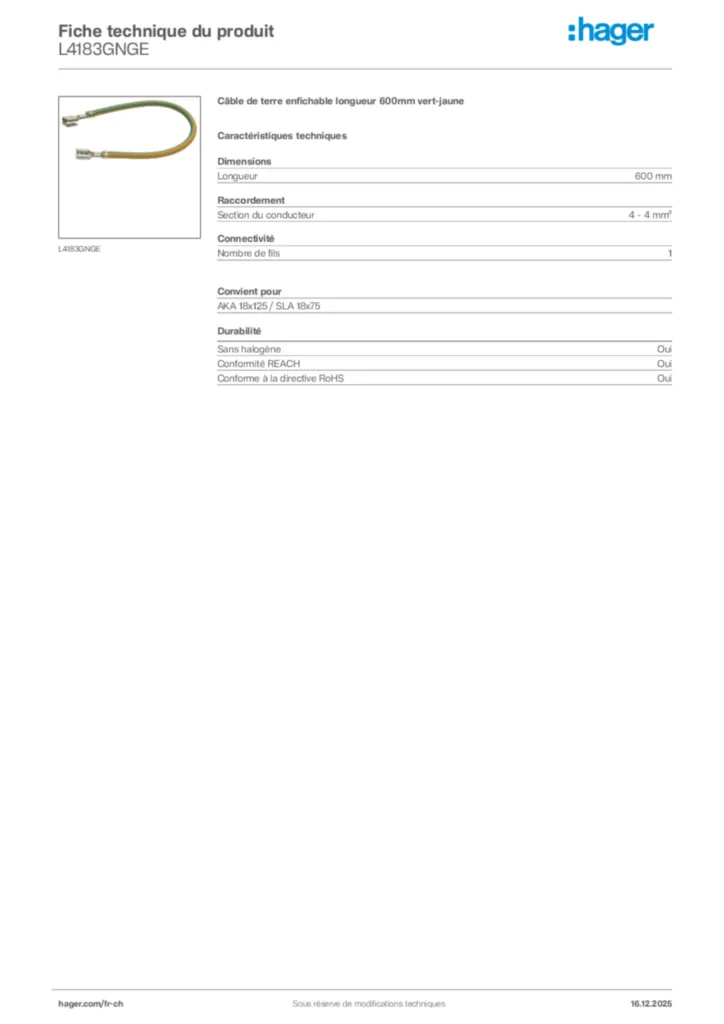 Image Hager Fiche technique du produit L4183GNGE | Hager Suisse