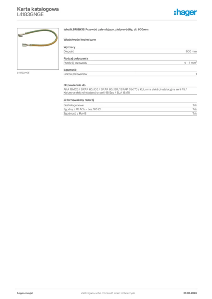 Zdjęcie Hager Karta katalogowa L4183GNGE | Hager Polska