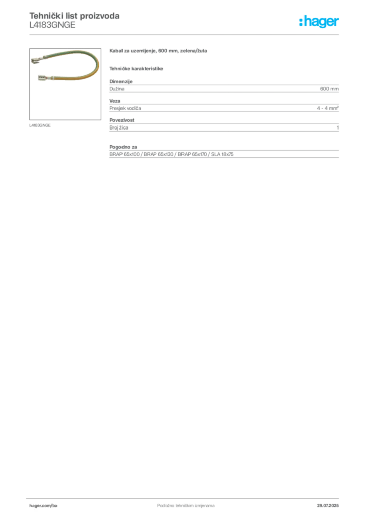 Slika Hager Product data sheet L4183GNGE  | Hager