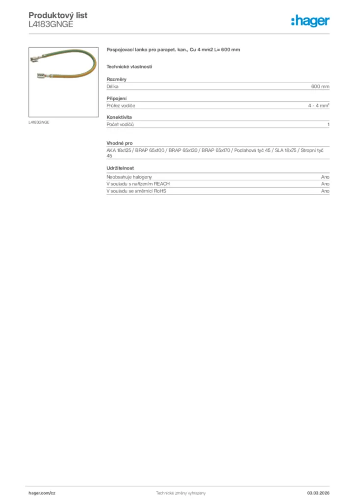 Obrázek Hager Product data sheet L4183GNGE | Hager