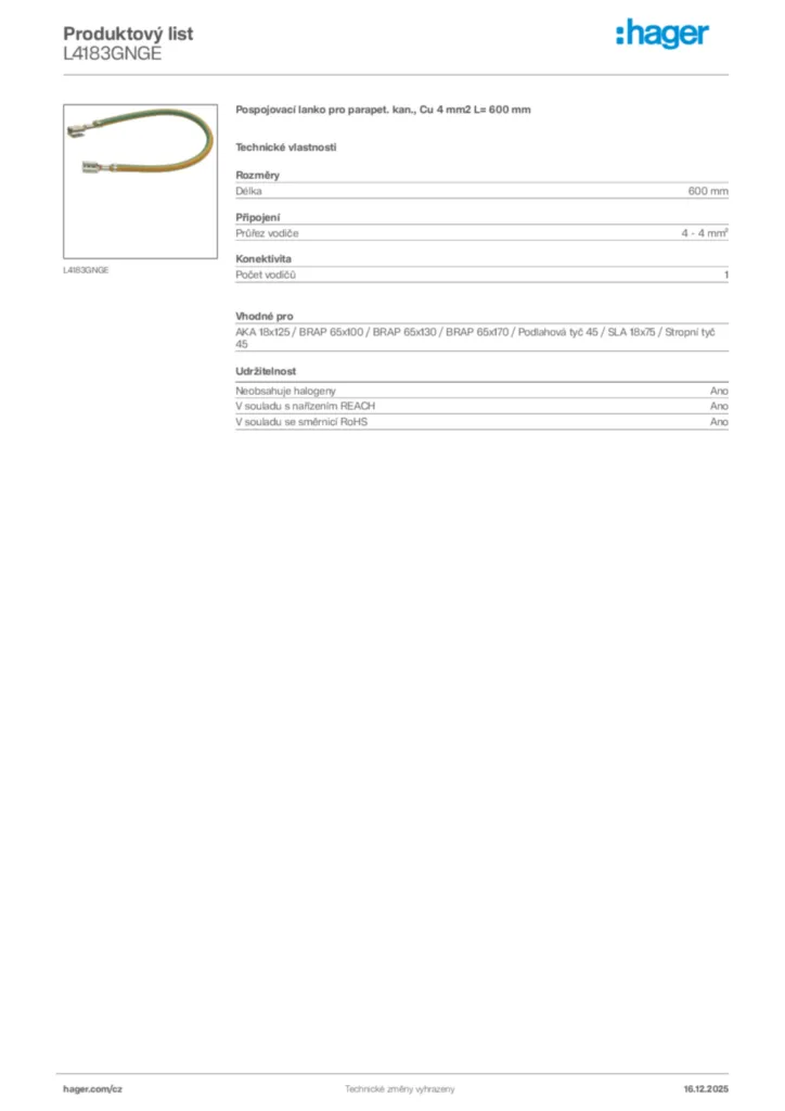 Obrázek Hager Produktový list L4183GNGE | Hager