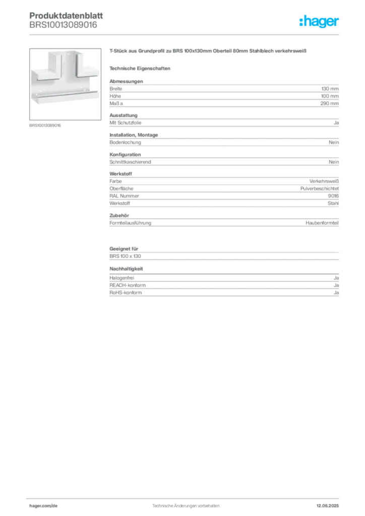 Bild Hager Produktdatenblatt BRS10013089016 | Hager Deutschland